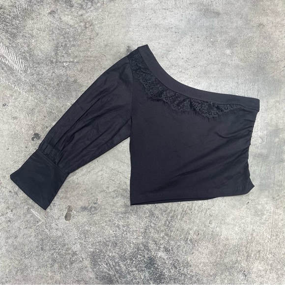 NWT ANTHROPOLOGIE Black One-Shoulder Top with Lace Detail - Picture 1 of 8